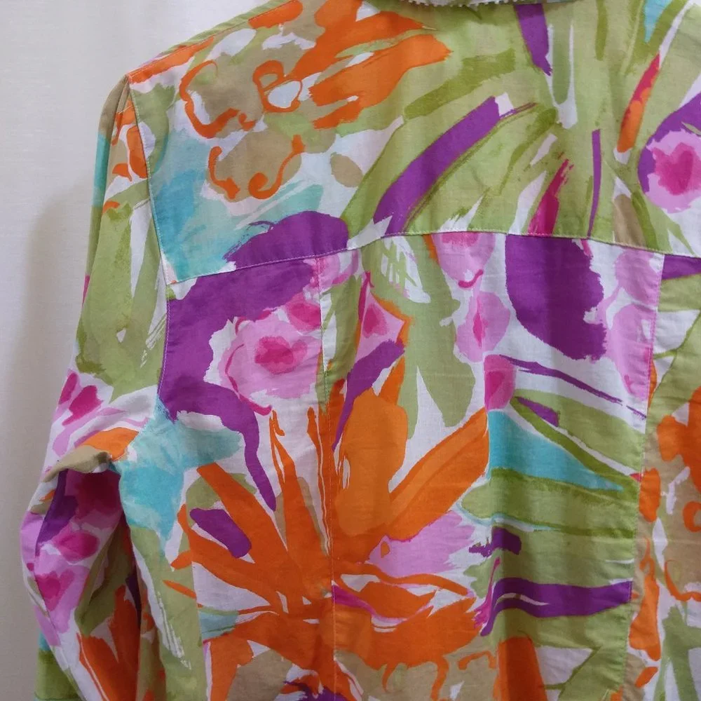 Tropical Cotton Blouse - Long-Sleeve - Beaded - Sz Medium - Picture 9 of 10